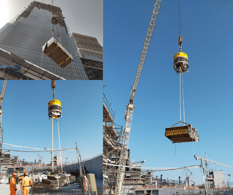 Roborigger crane load control and orientation device on Alec One Zaabeel site